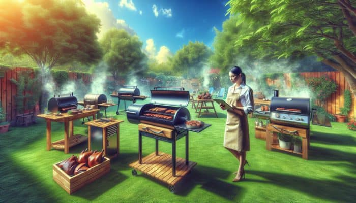 Expert showcasing offset, vertical, and electric smokers in a lush backyard, surrounded by sizzling meats, tools, and greenery under bright skies.