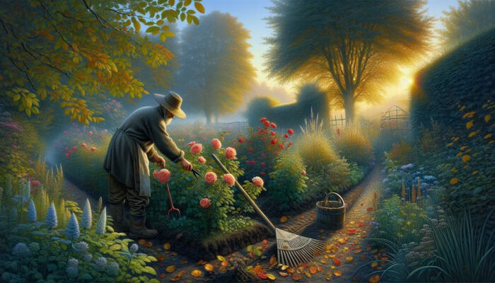A gardener in a weathered hat pruning roses with secateurs in a lush British garden at dawn, using a spade and rake.