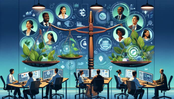A vibrant digital workspace with diverse professionals on holographic screens, featuring a central balanced scale, green leaves, solar panels, and innovative tech gadgets for sustainability.