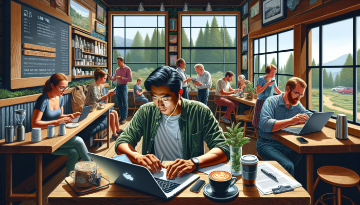 In a cozy Cinderford coffee shop, a business owner types a blog on a laptop while locals read phones amid rustic decor and forest views.