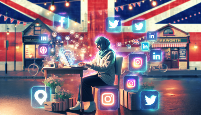 UK business owner in Tidworth surrounded by glowing social media icons, analysing data on a laptop with Union Jack and market backdrop.