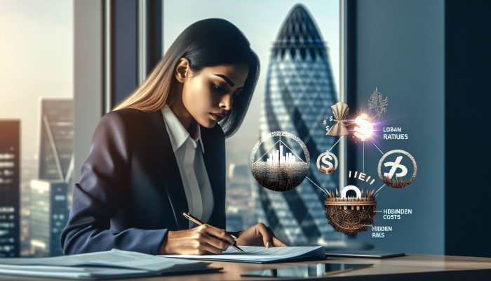 Financial specialist in London office reviews interest rate graphs, warning borrower about hidden fees and risks with trap and shield symbols.