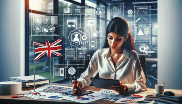 A professional entrepreneur in a modern UK office sketches website wireframes on a tablet, surrounded by notes on business goals and regulations, with a Union Jack flag.