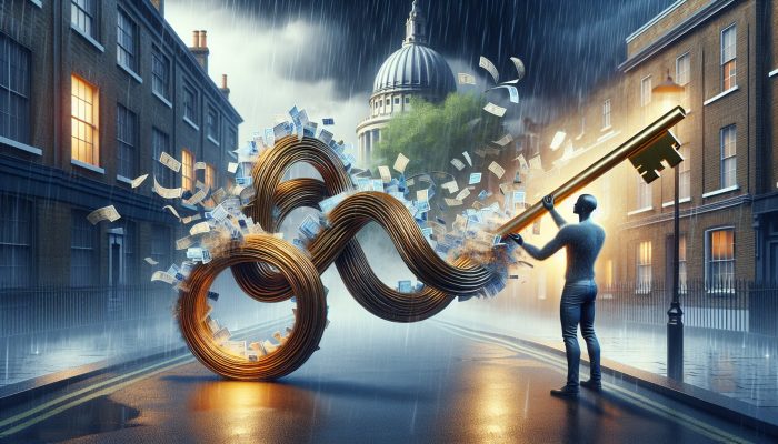 Debt Consolidation Loans vs Peer-to-Peer Lending | DCL Person in rainy London street holding golden key labelled "Debt Consolidation Loan," with swirling bills and credit cards merging into it, symbolising simplified finances.