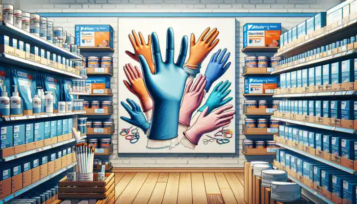 Latex Gauntlet Gloves in Milton Keynes: A vibrant display of latex gauntlet gloves on a Milton Keynes shelf, including flexible ones for food handling and thick versions for chemicals, in various sizes and thicknesses.
