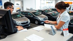 A woman hands car keys to a man at a counter in a modern car rental dealership. Papers and a computer are on the counter. Multiple grey cars are lined up indoors behind them, with signs displaying costs and drop fee information in the background.