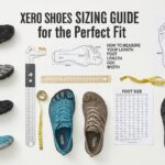 Top-down view of five pairs of Xero Shoes, measuring tools, tape measure, foot diagrams, and a foot size chart on a white surface with the text “Xero Shoes Sizing Guide for the Perfect Fit.”