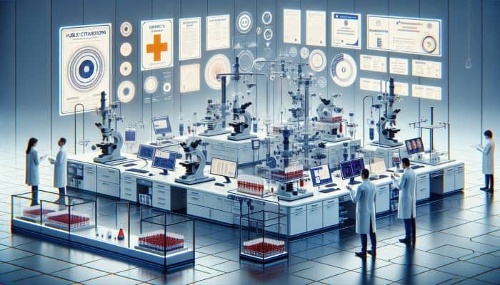 Modern UK laboratory with scientists in white coats analyzing vitamin D blood samples amid high-tech microscopes, screens, and accreditation certificates.