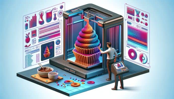 Futuristic 3D food printer in a sleek kitchen extrudes vibrant molten chocolate layers during test print, with technician monitoring screens.