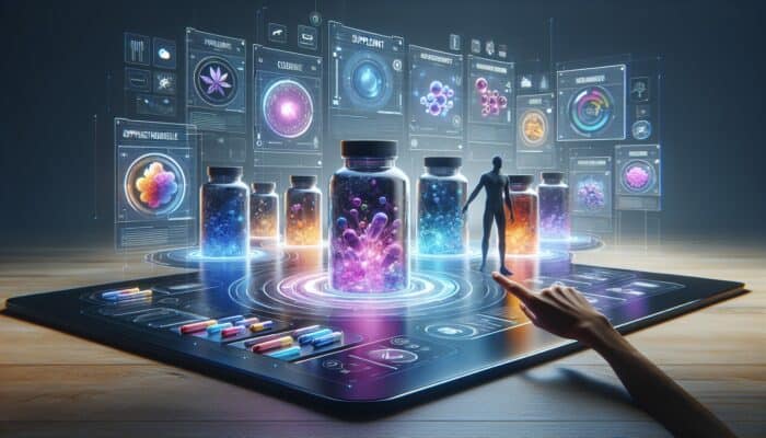 Digital interface with vibrant supplement bottles and engaging text, showing a user scrolling in a modern layout.