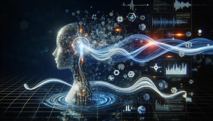 Illustration of glowing energy waves transforming a basic virtual assistant into an advanced AI, adapting to user habits in healthcare and finance.