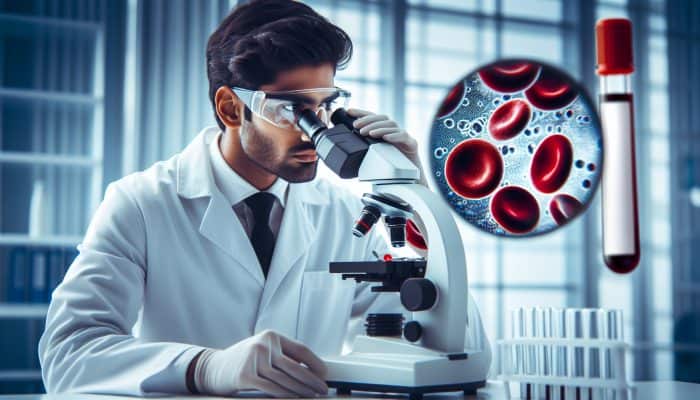 FBC Test in Wigan: Focused technician in modern Wigan clinic examines blood sample under microscope, revealing red blood cells, white cells, platelets, and hemoglobin charts.