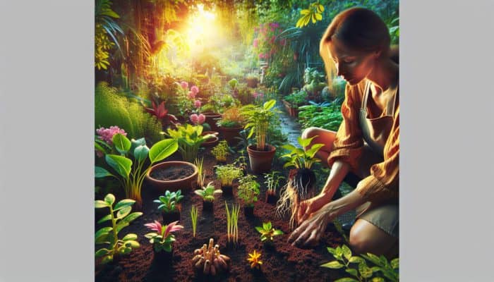 A gardener propagates plant cuttings in moist soil under golden sunlight, with thriving diverse flora, dew-kissed leaves, and blooming flowers.