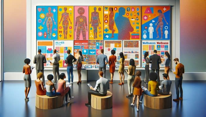 A diverse group in a modern UK NHS centre reviews eligibility posters and fills forms on digital screens for inclusive wellness programmes.