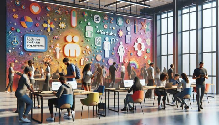 Diverse individuals in a modern UK community centre browse laptops for affordable wellness programmes, surrounded by colourful eligibility charts and motivational posters.