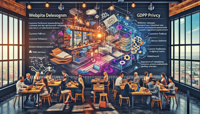In a cozy Cinderford cafe, business owners and customers review website redesign sketches on laptops with feedback surveys, graphs, and GDPR icons.