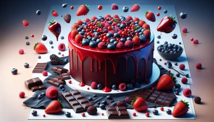 A vibrant chocolate cake topped with glossy red raspberry coulis, surrounded by fresh blueberries and strawberries.