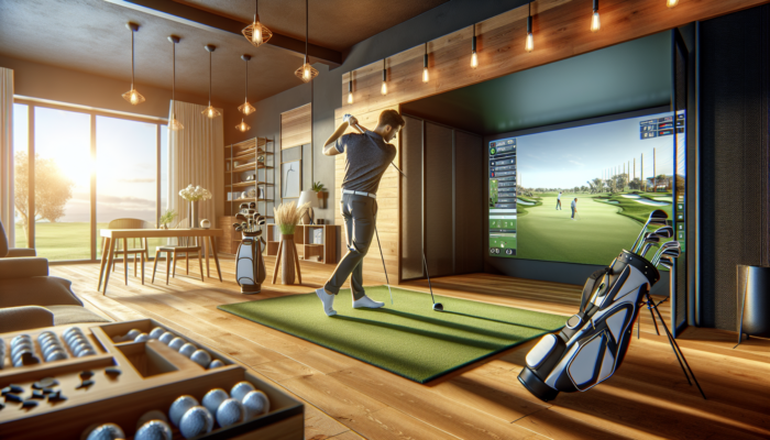 A focused golfer practices indoors on a high-tech simulator in a modern South African home.