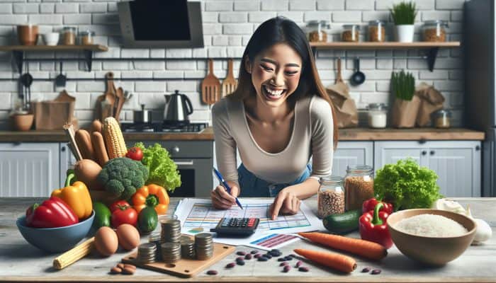 Young woman smiles while reviewing budget grocery list with vegetables, rice, beans, and calculator in cosy kitchen.