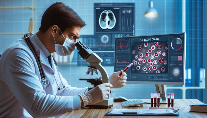 FBC Test in Runcorn: A focused GP in a modern Runcorn clinic examines a blood sample under a microscope, with a digital screen showing red and white cell counts for the FBC test.
