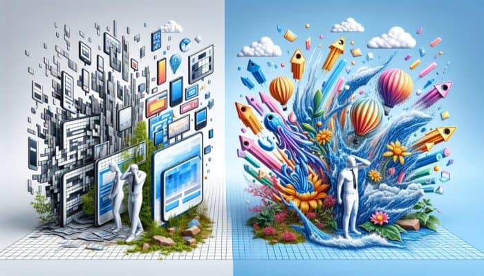 A split scene contrasting chaotic outdated ads with declining graphs and frustrated viewers against optimised sleek designs with rising metrics and growth symbols.