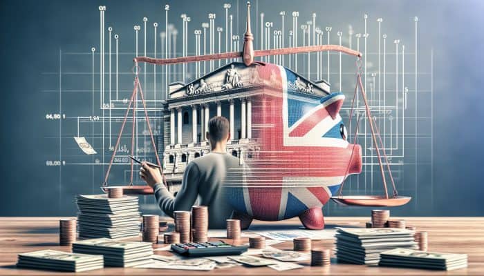 UK resident at desk reviews debt consolidation charts, with Bank of England in background, amid stacks of bills symbolizing financial stability.