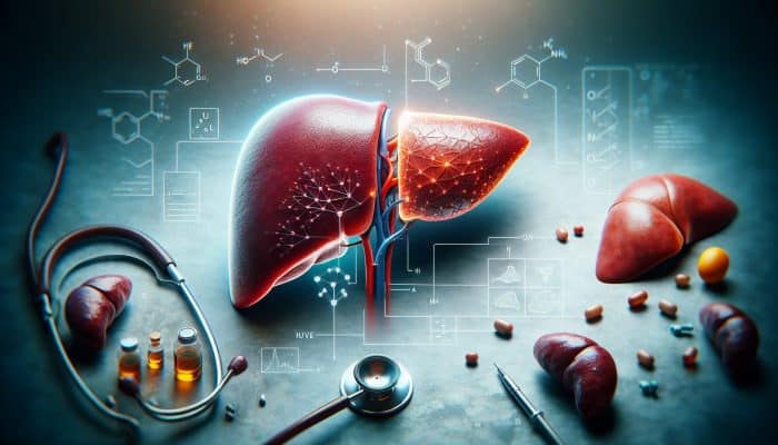 Medical diagram of a healthy liver versus one damaged by moderate drinking, with enzyme molecules, obesity symbols, and a stethoscope in a sterile lab.