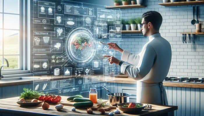 Chef examines fresh blockchain-verified produce from a New South Wales farm, with holographic overlay showing eco-friendly supply chain details.