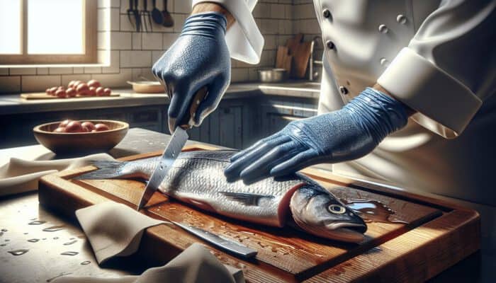 A skilled chef in a well-lit kitchen debones a slippery fish using gloved hands, a sharp knife, and a damp cloth on a wooden board.