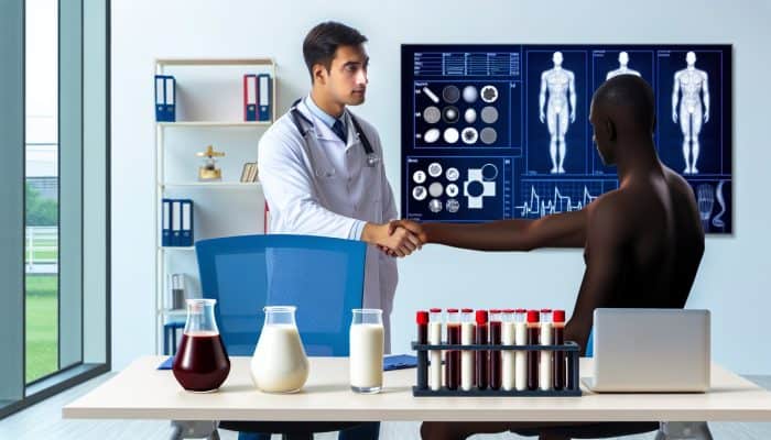 A doctor in a modern UK clinic guides a patient through dairy intolerance testing, surrounded by medical charts, blood vials, and a symbolic glass of milk.