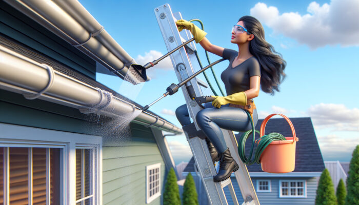 A homeowner on a ladder cleans suburban gutters, wearing gloves and goggles, using a scoop and pressure washer under a sunny sky.