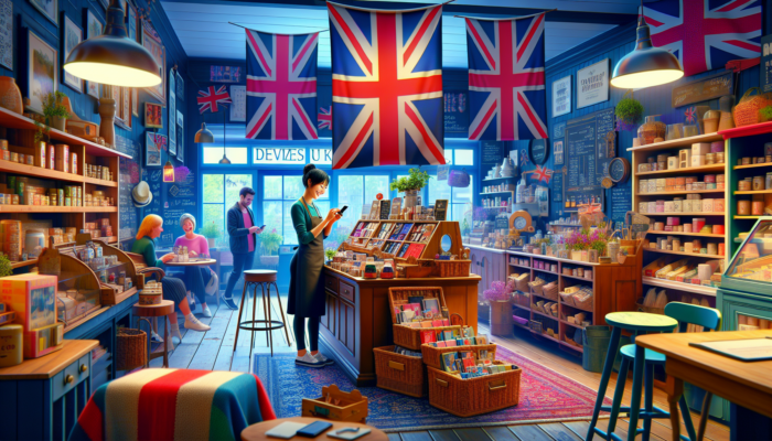 A smiling small business owner in a cosy Devizes shop posts colourful product photos on Instagram, surrounded by artisan displays and browsing customers.