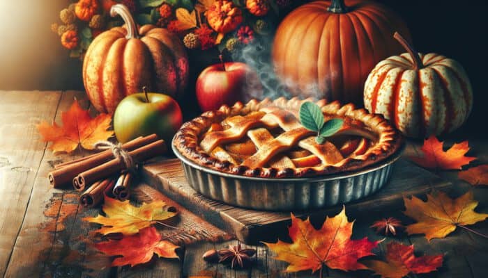 A freshly baked apple pie with golden, flaky crust on a wooden table, surrounded by pumpkins, cinnamon sticks, and fall leaves.