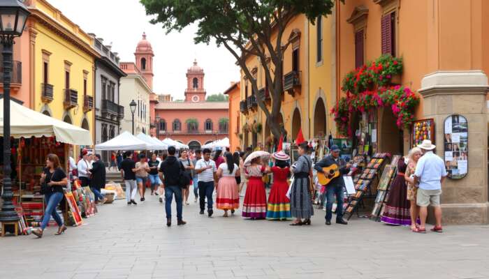 Vibrant street scene in San Miguel de Allende Plaza during a cultural festival, showcasing colorful Día de los Muertos altars, local artists, musicians, and people in traditional attire amidst colonial architecture.