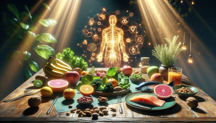 A table with fresh fruits, leafy greens, nuts, and salmon, plus a glowing endocrine diagram, symbolizing hormonal health nutrition.