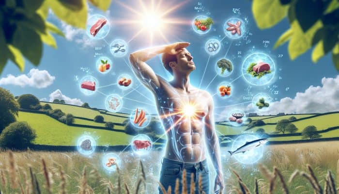A healthy man in a sunny British meadow absorbing vitamin D, surrounded by symbols of zinc, magnesium, omega-3, and fresh produce for hormonal balance.