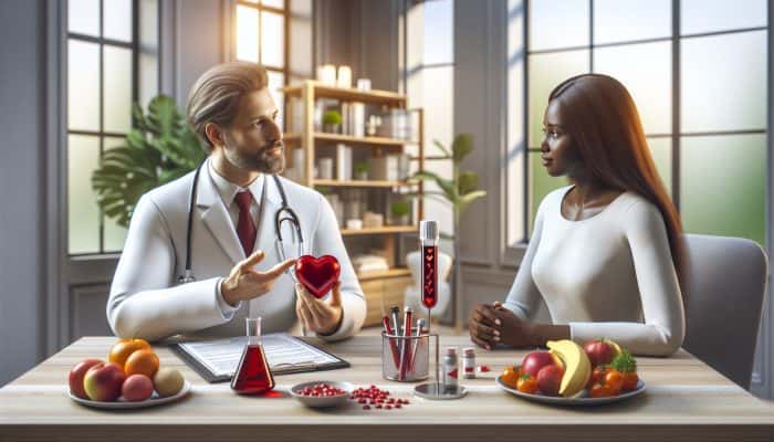 Doctor in white coat discusses cholesterol test with patient in clinic, holding chart of heart diagrams, blood tube, and fruits.