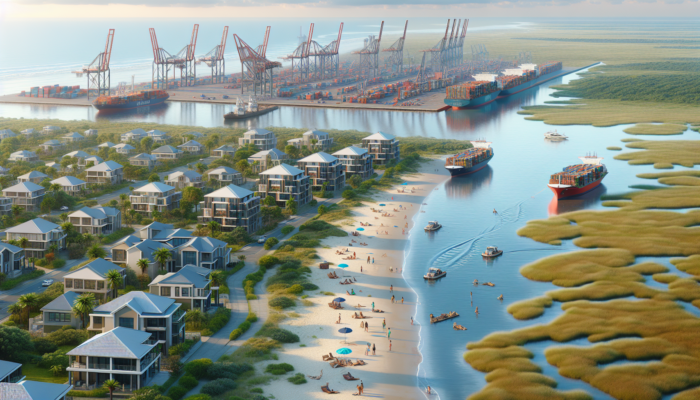 Bustling Richards Bay port with cargo ships and cranes, surrounded by lush wetlands, modern homes overlooking beaches, and families enjoying outdoor leisure.