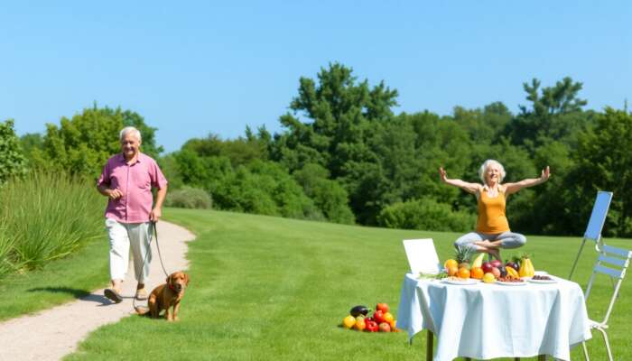 Elderly couple enjoying wellness activities outdoors, with one walking a dog, another practicing yoga, and a table of fresh fruits and vegetables, set against lush greenery and blue sky.