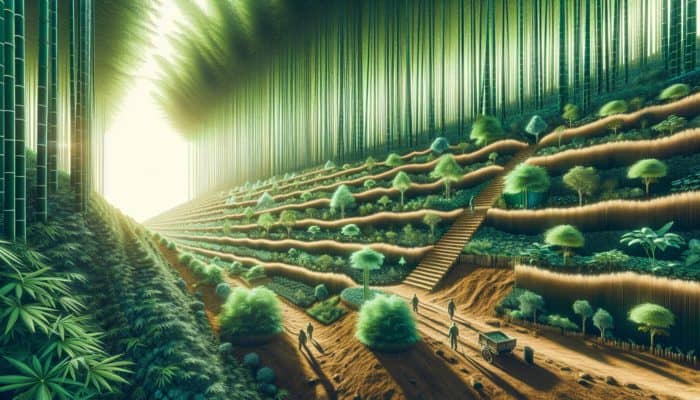 A lush bamboo forest with dense green stalks anchoring rich soil, workers harvesting eco-friendly products under a clear sky.