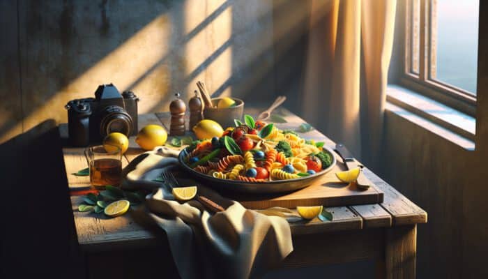 A colorful pasta dish with fresh vegetables on a rustic table, bathed in soft golden hour sunlight, highlighting vibrant hues and textures.