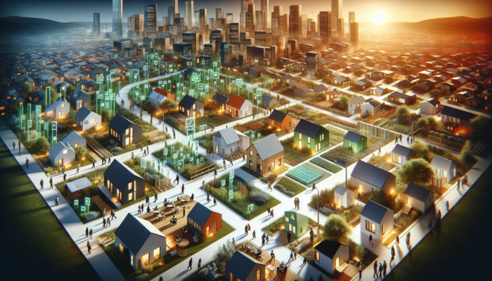 A vibrant Bloemfontein cityscape at dawn, showing modern eco-friendly homes, diverse buyers reviewing property maps, and government initiative signs.