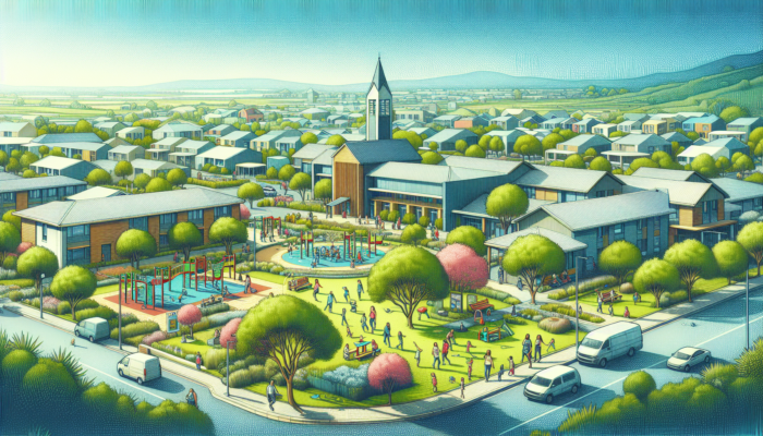 Modern school zone in Graaff-Reinet with educational buildings, lush parks, libraries, and playgrounds; families and children playing under a clear sky.