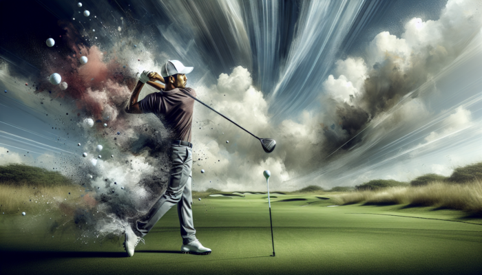 A professional golfer swings on a lush green fairway, executing a precise knockdown shot under dramatic cloudy skies.