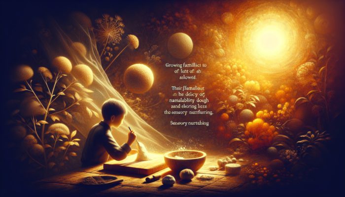 A person in a sunlit kitchen gently caressing fabrics, kneading dough, and touching wood, evoking sensory nurturing in warm, inviting colours.