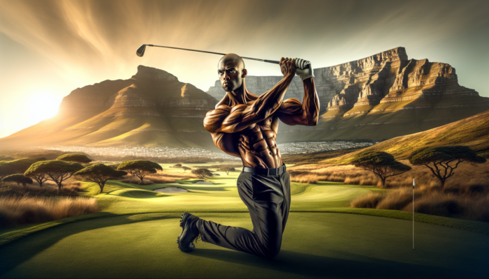 A determined, sweat-glistened South African golfer swings a club on a lush Cape Town course, with Table Mountain and golden sunset in the background.