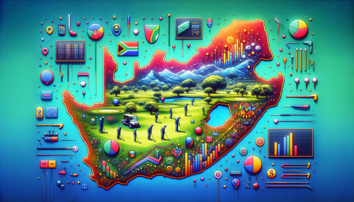 Illustrated map of South Africa highlighting KwaZulu-Natal and Free State with golf swing monitors, varying price tags, practicing golfers, and currency symbols showing regional price differences.