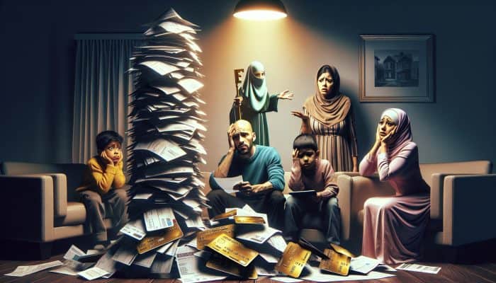 Debt Consolidation for Energy Bill Arrears: Key Strategies | DCL A stressed family in Birmingham reviews a debt consolidation loan document amid outstanding bills, transitioning from worry to relief.