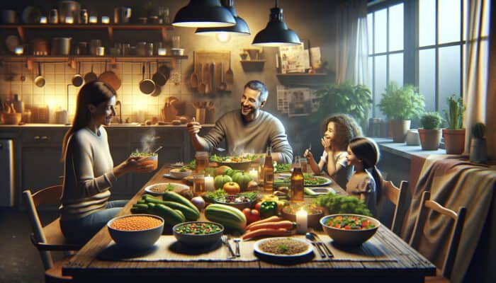A welcoming kitchen scene showing a family dinner table filled with steaming lentils, fresh vegetables, and whole grains under warm lighting.