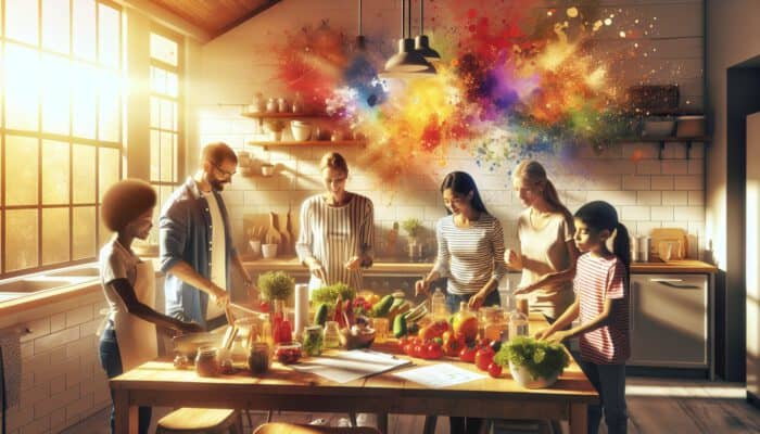 A diverse family in a sunlit kitchen reviewing a weekly meal plan and arranging fresh ingredients together.